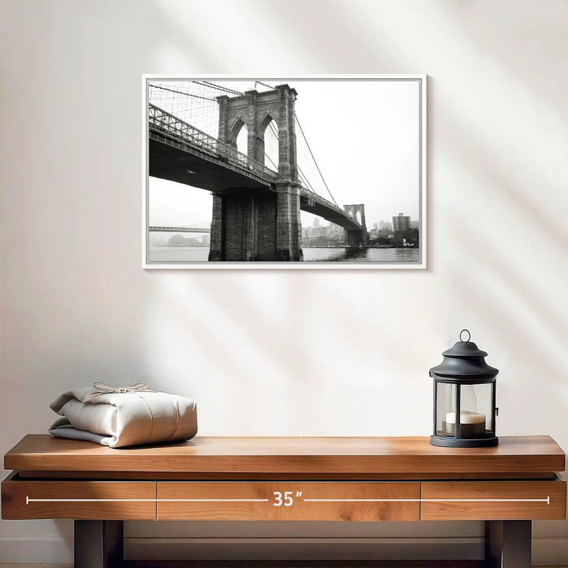 Pont monochromatique de Brooklyn, 19 po x 13 po, Cadre flottant blanc