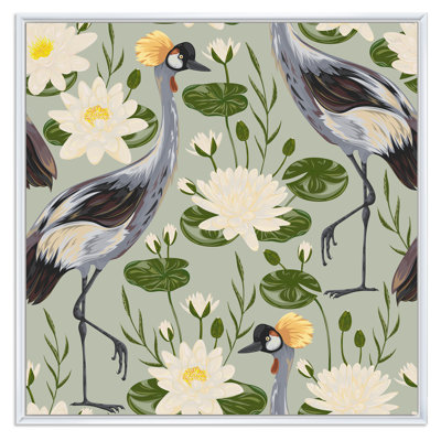 " Crane Bird And Water Lilys On Grey " Painting Print