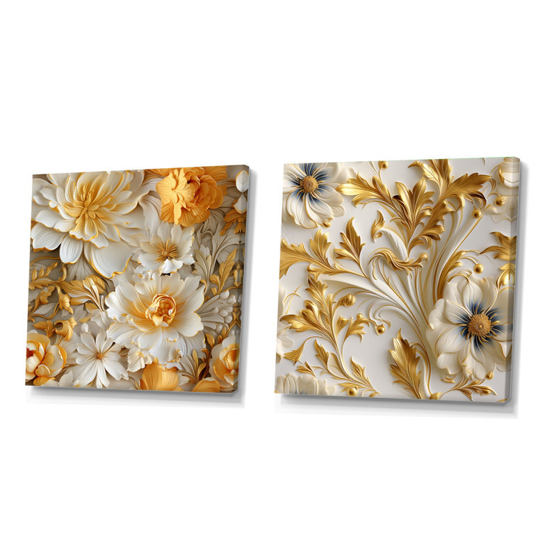 Ensemble de 2 collages carrés or et blanc Royal Flower Garden Serenity - Abstract Botanicals, Toile tendue, H 30 po x l 61 po
