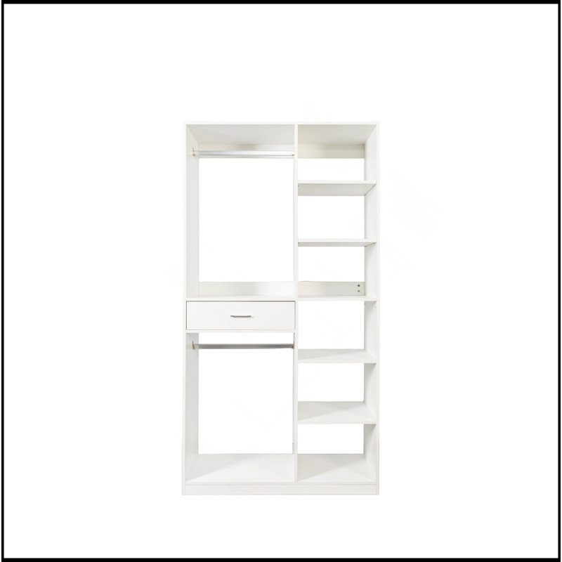 Système de placard autoportant, garde-robe autonome avec 6 tablettes ouvertes, hauteur de 74,8 po avec 1 tiroir en bois, penderie en bois avec 2 tringles de suspension, blanc
