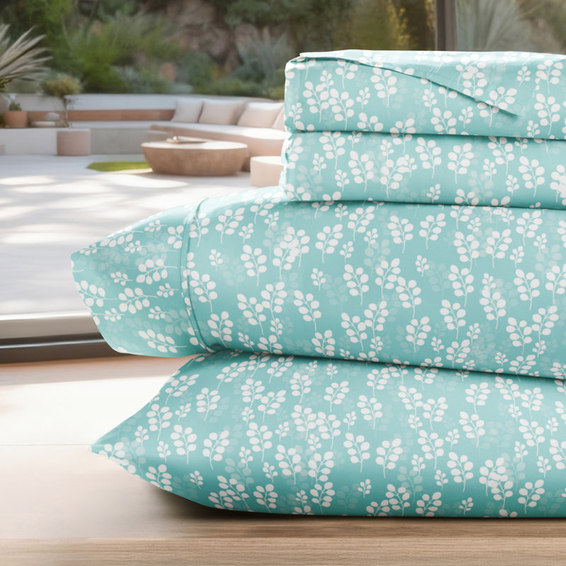 Ensemble de draps en microfibre Floral Wheatfield, Très grand californien, Bleu pâle