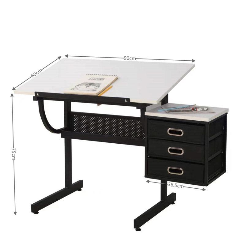 Bureau de dessin réglable avec tabouret et 3 tiroirs, White