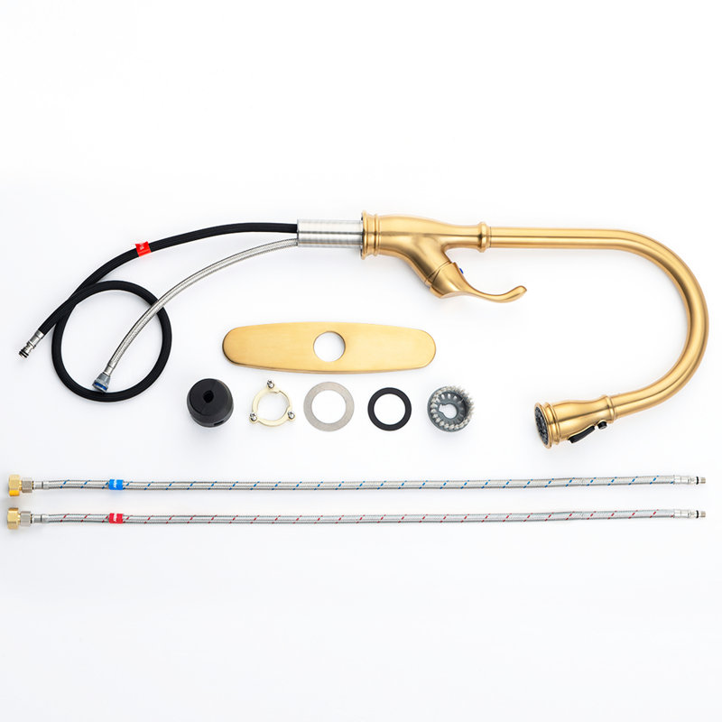 Gold Pull Out Kitchen Sink Faucet - 1 Hole High Arc Design With Ceramic Filler Single Handle For A Luxurious Appearance