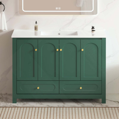 Meuble-lavabo de salle de bain avec lavabo en résine, armoire de rangement abondante - 4 portes à fermeture douce et 2 tiroirs