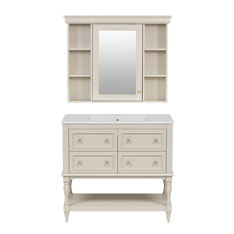 Meuble-lavabo 36 po avec lavabo en céramique et armoire à pharmacie, Beige
