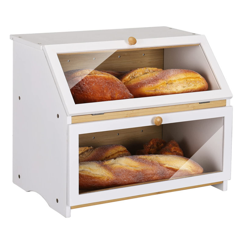 Double boîte à pain double couche pour comptoir de cuisine, bac de rangement de pain en bois de grande capacité, naturel
