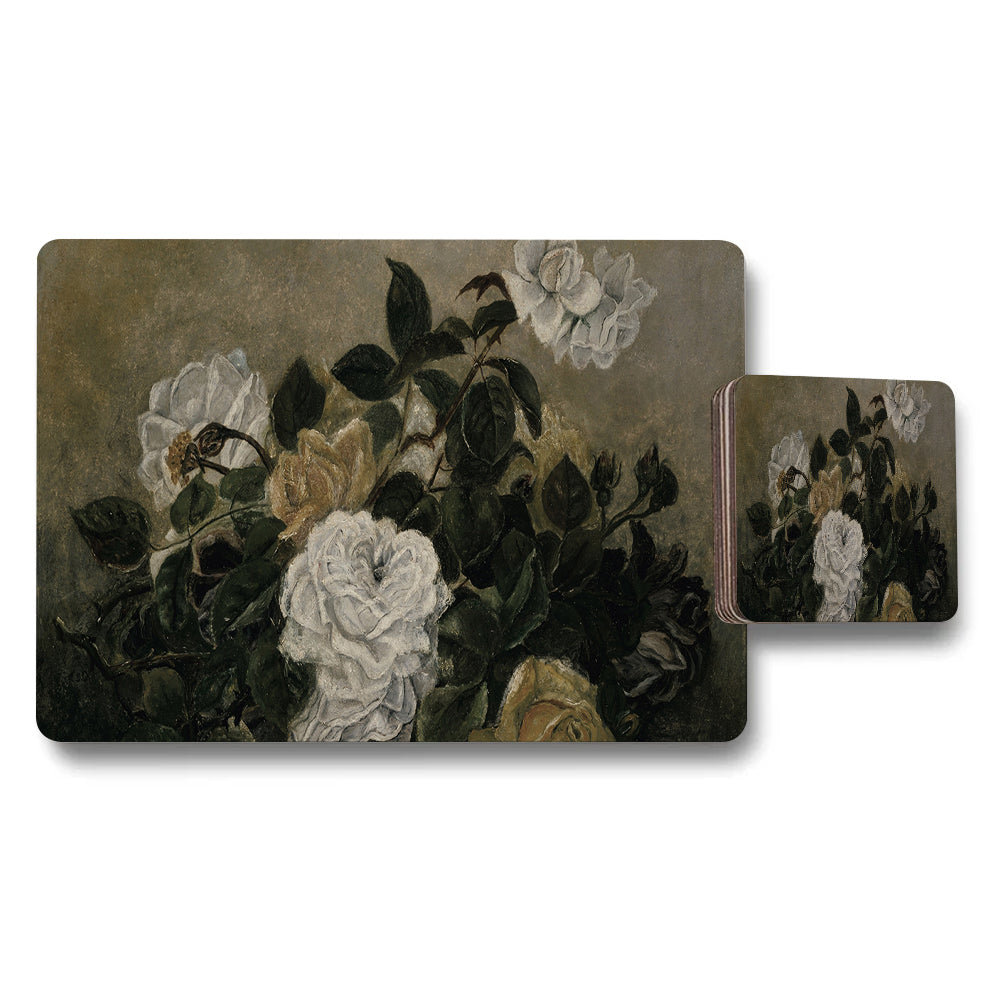 Floral Rose Placemat And Coaster Set With Elegant Dark Background