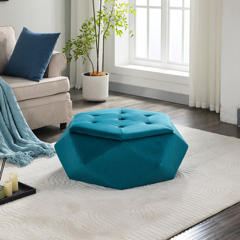 Élégant rangement en velours bleu à motif de losanges en polygone, repose-pieds élégant et option de siège, L 34 po x l 30,5 po x H 13,5 po, convient aux repose-pieds multi-usages, au rangement et à l'organisation de vos magazines dans la chambre à coucher