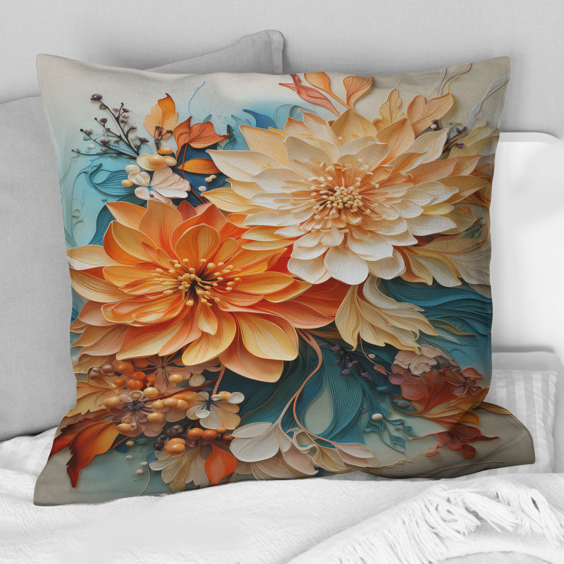 Coussin botanique orange sarcelle tourbillon I - Abstract Botanicals, H 16 po x l 16 po, Carré