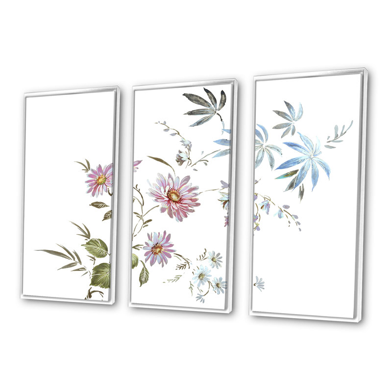 «Blue and Pink Wildflowers I», ensemble d'art mural sur toile encadré traditionnel de 3, H 28 po x l 36 po x P 1 po, Blanc