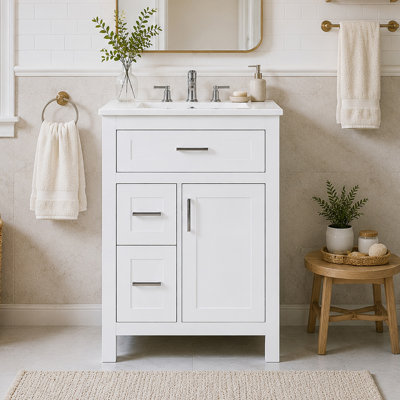 Meuble-lavabo de 24 po avec lavabo en céramique, structure en bois massif avec armoire en bois aggloméré, armoire de rangement de salle de bain avec 1 porte, tiroir rabattable et 2 tiroirs, charnières à fermeture en douceur, tablette réglable, poignées argentées