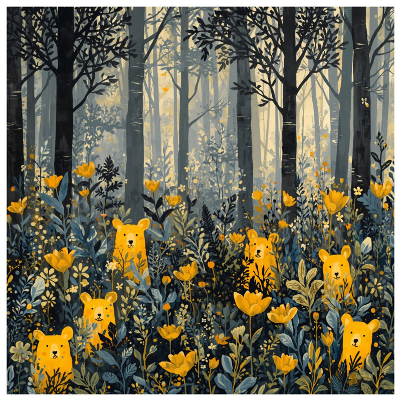 Couvre-lit matelassé jaune Bears In Forest, Queen