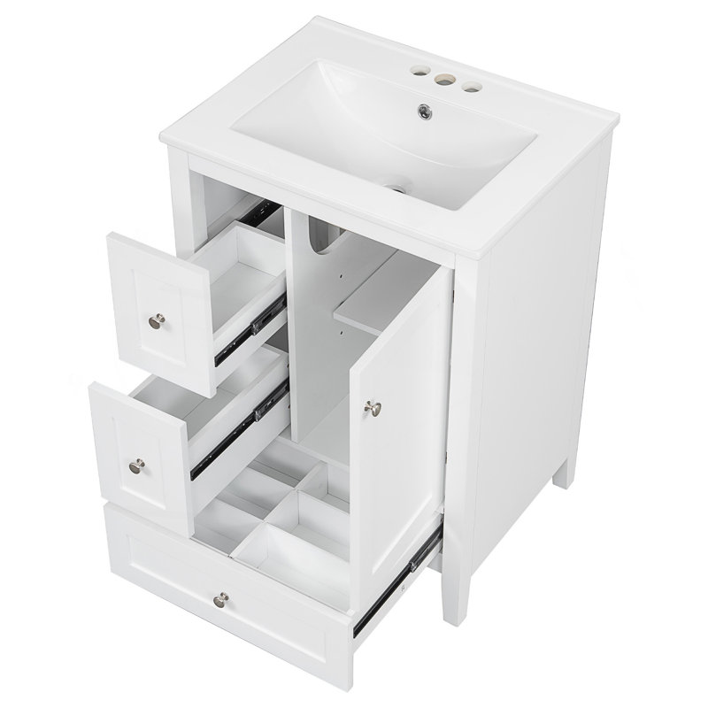 Meuble-lavabo de 24 pouces avec rangement spacieux, tablette réglable et panneau de fibres à densité moyenne durable et bois d'hévéa