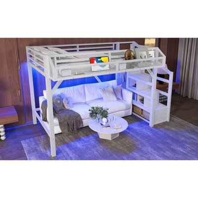 Lit mezzanine simple TG avec escalier de rangement, tablettes et garde-robe intégrée, cadre de lit mezzanine en métal avec ports USB et lumières DEL, conception à bruit réduit, blanc