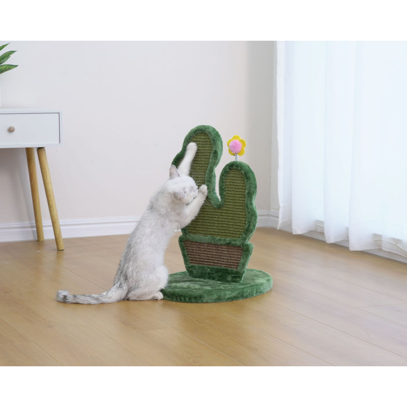 Green Sisal Cactus-Shaped Cat Scratcher with Flower Teaser