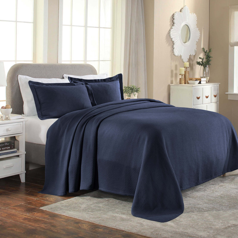 Navy Blue Cotton Twin Reversible Bedspread Set