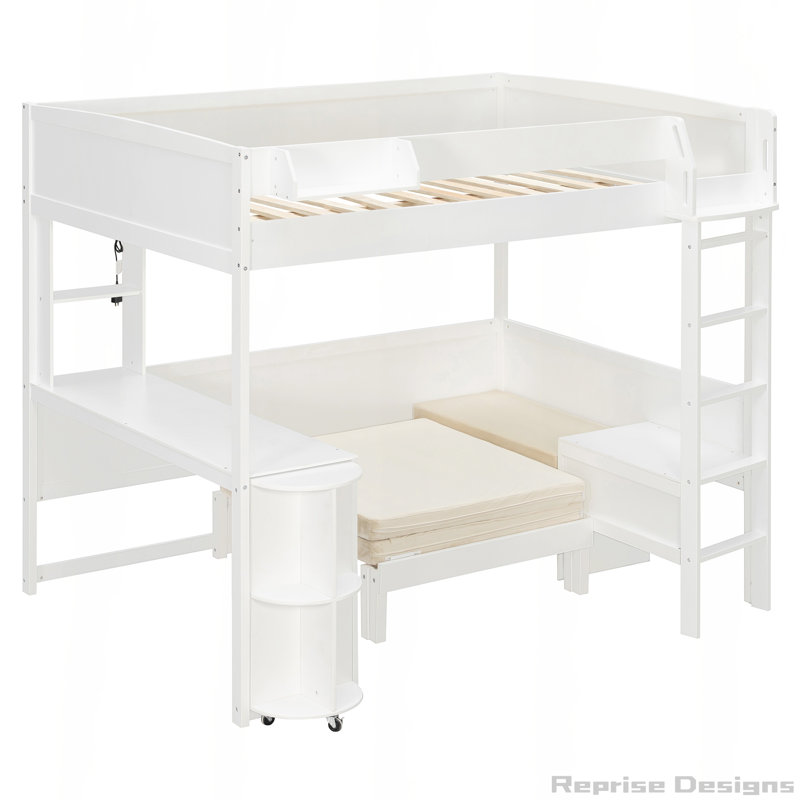 Lit mezzanine double avec bureau pivotant, canapé et lumières DEL, Blanc