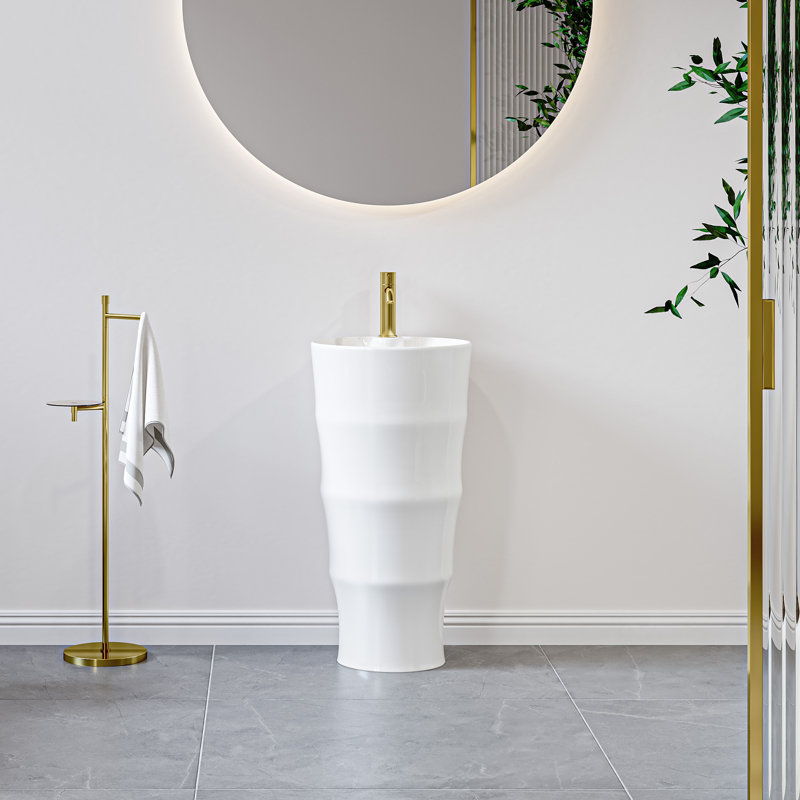 Lavabo de salle de bain autoportant circulaire en céramique blanche sur pied H 32 po Brooklyn