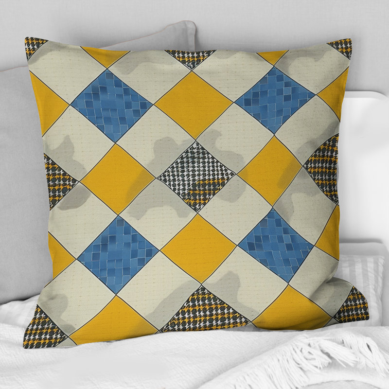 Coussin moderne bleu et jaune Houndstooth II, H 16 po x l 16 po
