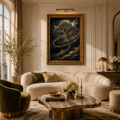 Golden Tree In Starry Galaxy With Swirling Lines Canvas Wall Art