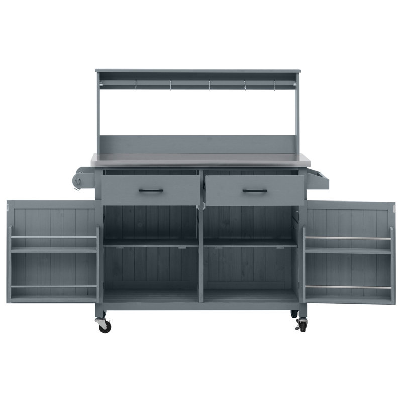 54.1" Outdoor Kitchen Island With High Shelf, Large Outdoor Potting Bench Table With Stainless Steel Top And Storage Cabinet, Solid Wood Grill Cart With Lockable Wheels For BBQ, Garden, Grey Blue