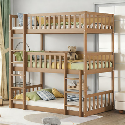 Twin Size Triple Rubber Wood Bunk Bed With Two Build-in Ladders, Guardrails, Wood 3-in-1 Bunk Beds, Convertible To 3 Separate Beds, Twin Over Twin Ove by Isabelle & Max