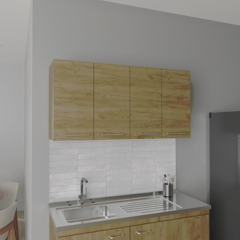 Armoire murale H 24 po, quatre portes, avec deux tablettes internes, plaque interne et rangement en verre, Bois naturel