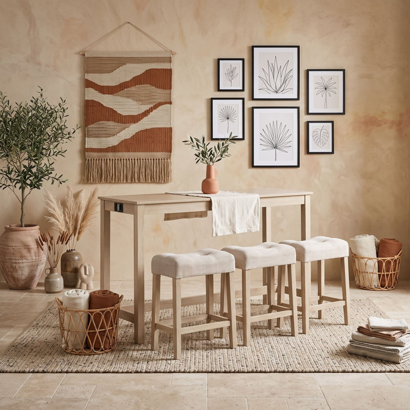 Ensemble de table de bar rectangulaire en bois avec 3 tabourets rembourrés et ports de chargement, Chêne clair