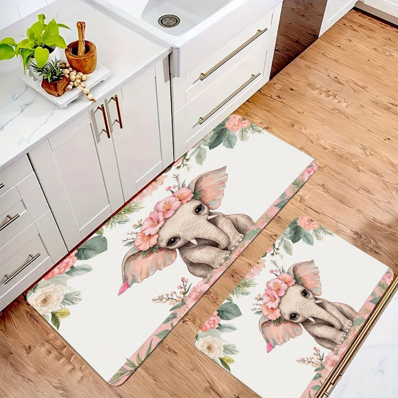 Mignon éléphant floral, ensemble de 2 tapis de cuisine