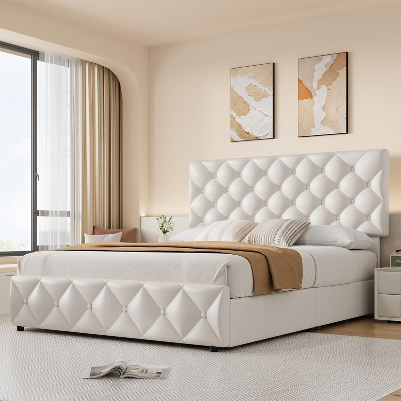 Bed Frame With Adjustable Headboard And 4 Storage Drawers, Linen Upholstered Platform Bed Frame, White, Queen
