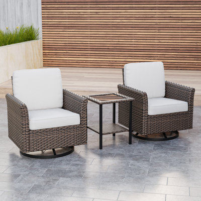 3-Piece Patio Outdoor All-Weather Brown Wicker Curved Arm Swivel Glider Conversation Set with Cushions, Side Table