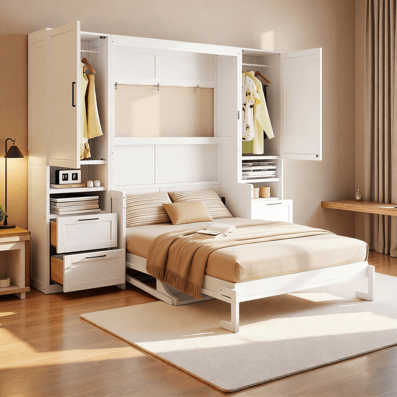 Lit escamotable 4 tiroirs avec garde-robe et tablettes, Blanc