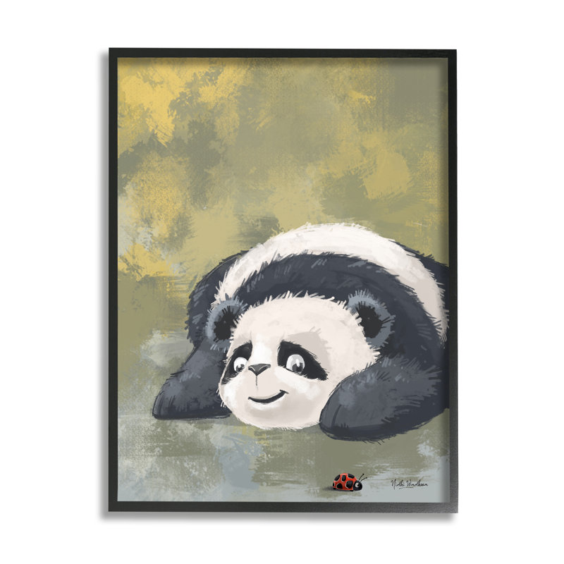 Peinture de panda coccinelle sur bois par Nidhi Wadhwa, peinture, H 30 po x l 24 po x P 1,5 po, Giclée encadrée noir minuit