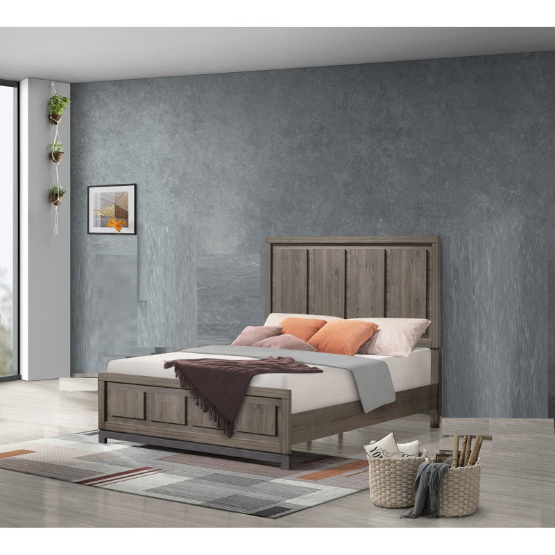 Très grand lit contemporain avec un design épuré, des tons de bois riches et une finition moderne en chêne gris chaleureux dans un style moderne, assemblage simple