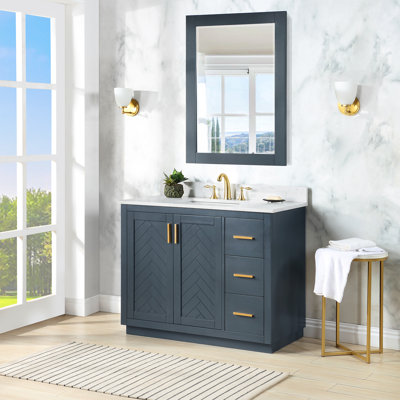 42" Free Standing Single Bathroom Vanity with Engineered Stone Top with Mirror