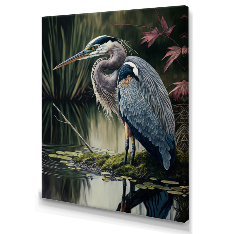 Héron au bord de la rivière - reproduction sur toile, H 20 po x l 12 po x P 1 po, Toile tendue