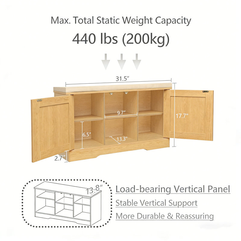 Banc de rangement pour hall d'entrée avec range-chaussures, Naturel