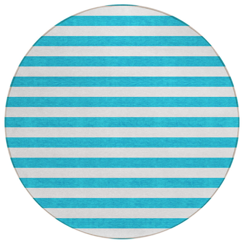 Tapis extérieur lavable rayé bleu sarcelle et blanc 8 pi x 8 pi