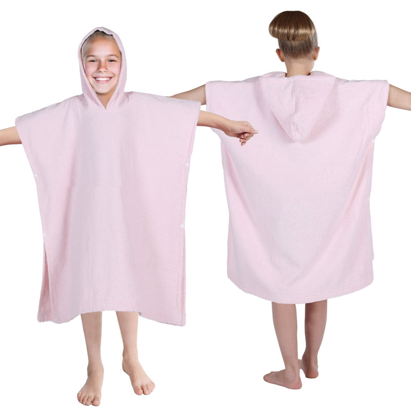 Extli Cotton Terry Cloth Above Knee Kids Unisex Bath Towels with Pockets and Hood, Pink, L
