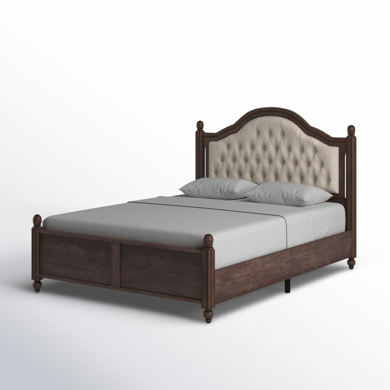 Walnut Queen Bed Frame with Upholstered Headboard and Wood Slat Support