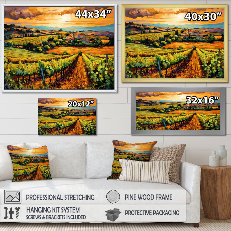 Vangogh Sunlit Vineyards I - Vineyard wall art inspired by Vincent Van Gogh Painting Print, 30" H x 40" W, No Frame