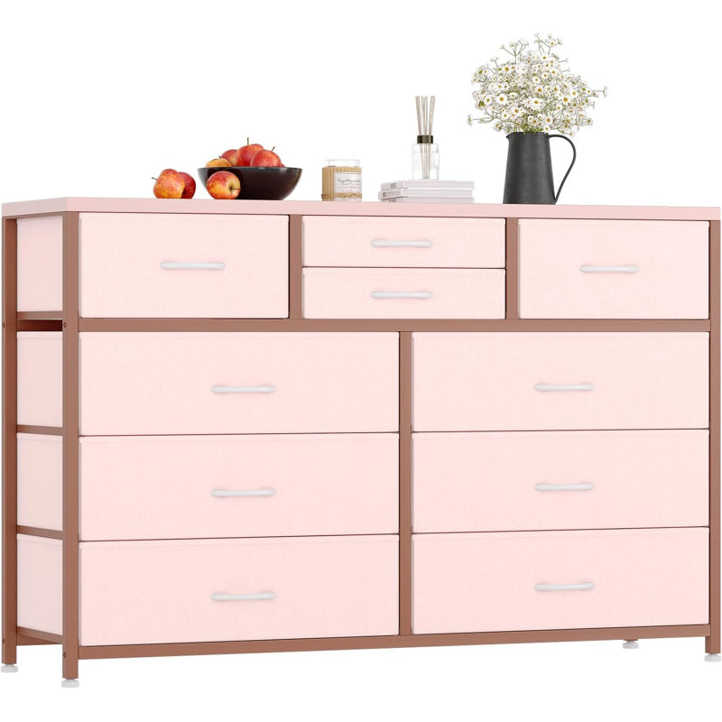 Meuble télé avec commode pour chambre à coucher 55 po, commode avec 10 tiroirs, 49.21", Rose