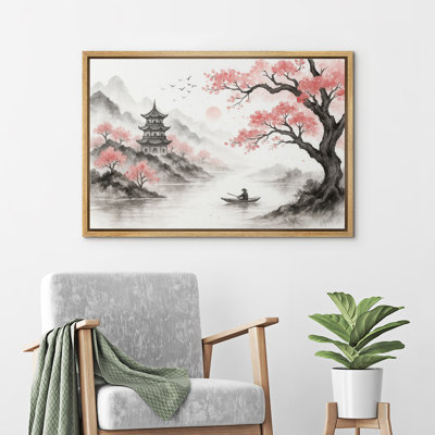 Cherry Blossom Riverside Pagoda Scene Art Framed Canvas Master Bedroom Wall Art Work Print