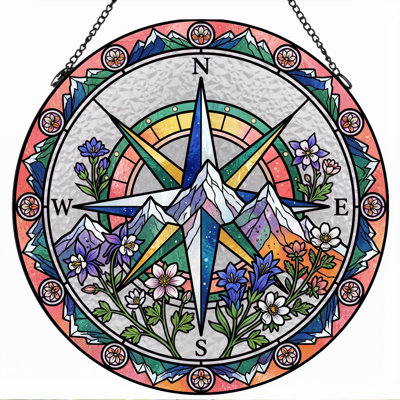 Compass Rose Stained Glass Window Panel，12"H