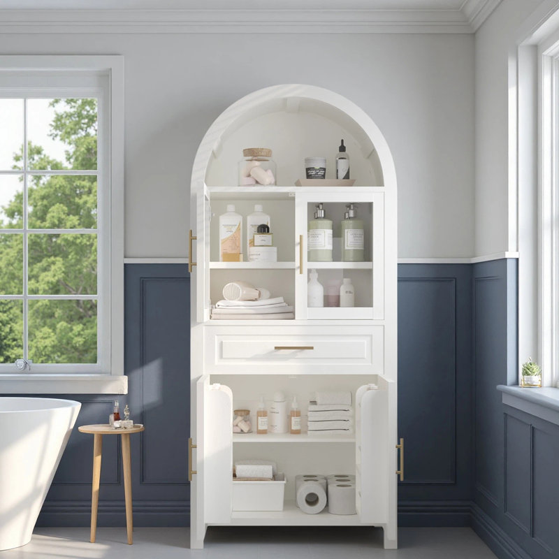 Farmhouse Arched Bathroom Storage Cabinet With Glass Door, 2 Adjustable Shelves & Barn Door Design, White