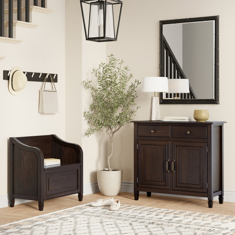 Petit banc de rangement en bois massif Connaught de 30 po de largeur et armoire de rangement de 40 po de largeur en brun châtaignier foncé