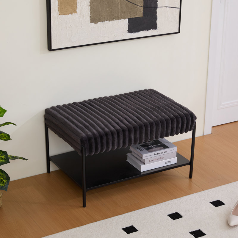 Upholstered Ottoman With Storage Shelf, Charcoal