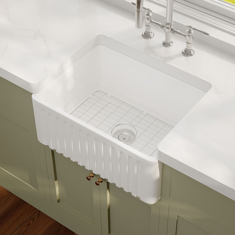  Brooklyn 24" W x 18" D Ceramic Farmhouse Apron-Front Kitchen Sink With Sink Grid and Basket Strainer, 24" L x 18" W x 10" H