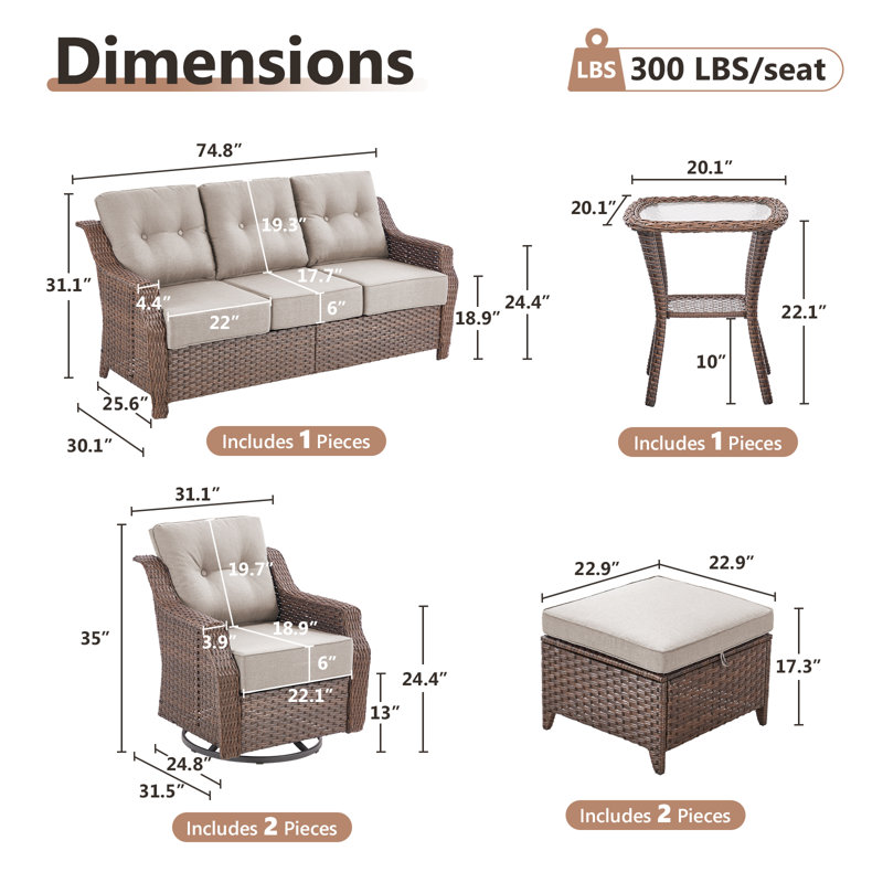 Acton 6-Piece Wicker Outdoor Seating Group with 6" Thick Cushions, Beige
