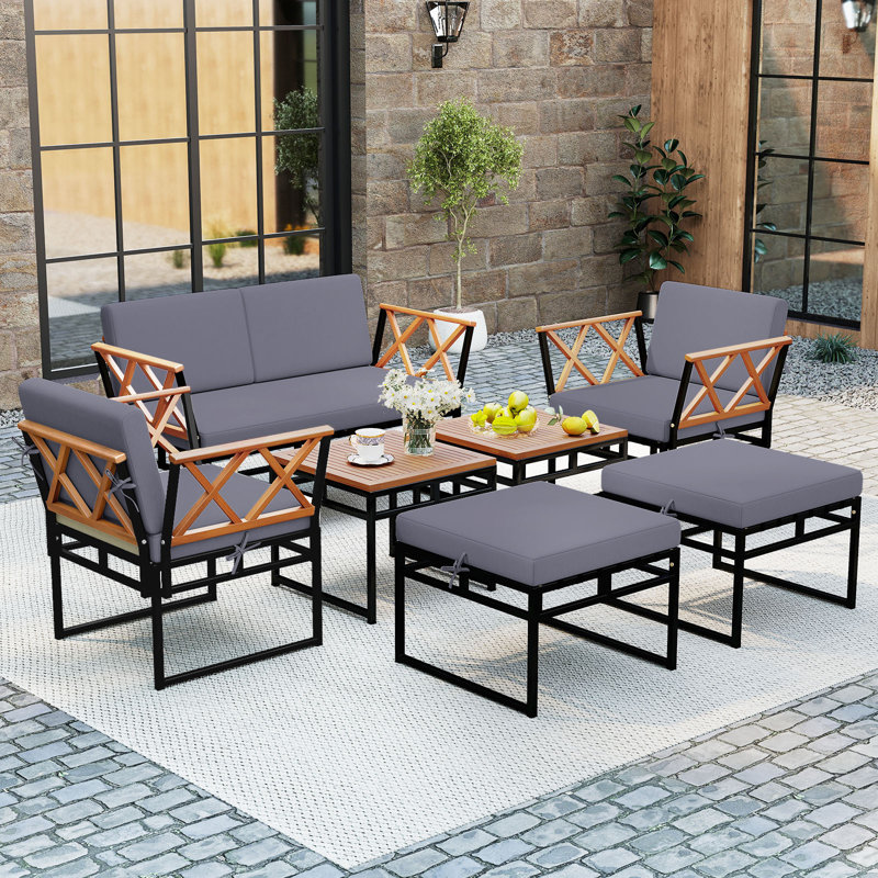 7 Piece Outdoor Conversation Set Metal Sectional Sofa Se, Grey